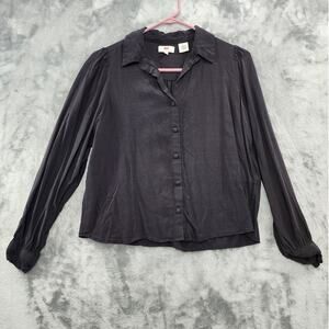 Levi's Top Women M Black Viscose Collared Puffy  Long Sleeves Ruffle Cuffs Flowy
